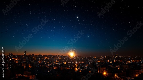 Stunning city skyline at night under a starry sky with a vibrant sunrise, capturing peaceful urban beauty.