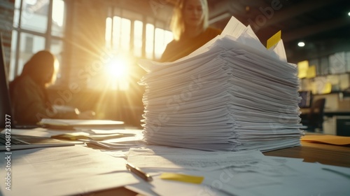 夕暮れ時の書類の山が積まれた忙しいオフィスの風景