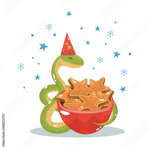 Christmas cute snake lying at the fireplace, surrounded by gift boxes. Symbol of Chinese 2025 new year. Flat style