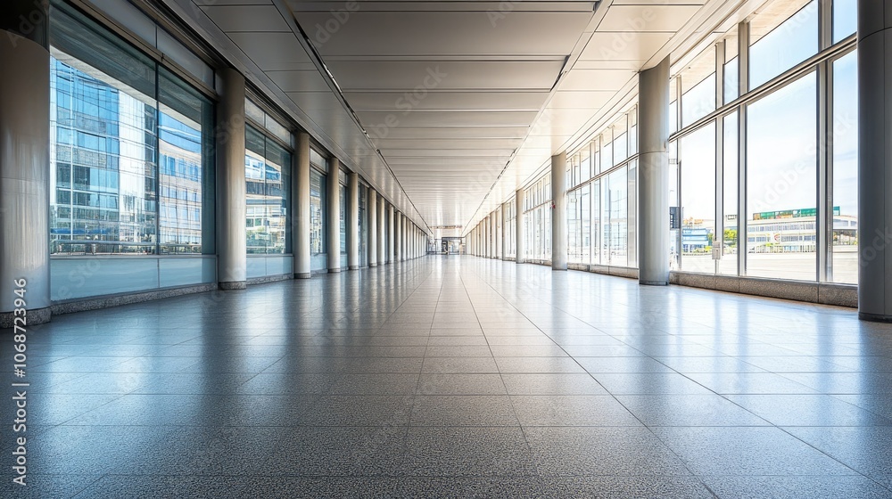 Obraz premium Modern Bright Corridor with Large Windows and Open Space