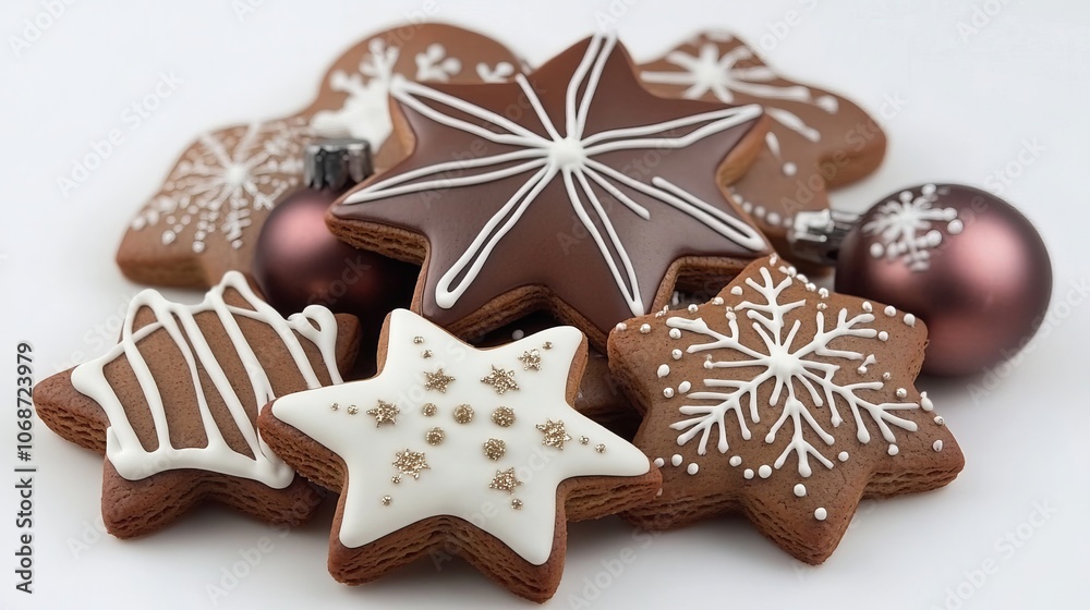 A festive arrangement of star-shaped gingerbread cookies. A festive arrangement of star-shaped gingerbread cookies.