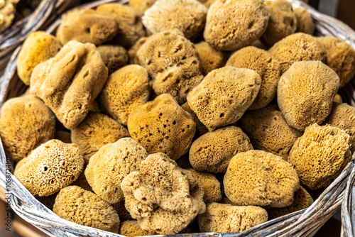 Natural sea sponges close up background in Symi Greece