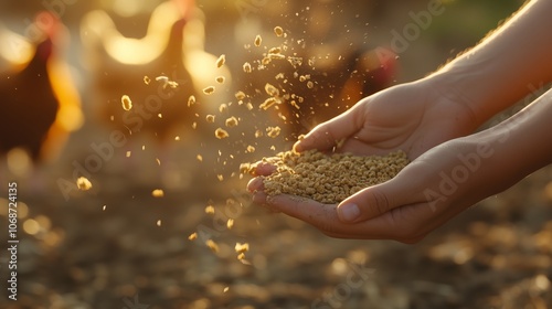 Fototapeta Naklejka Na Ścianę i Meble -  Farmer feeding chickens with grain at sunset, agriculture and farming concept