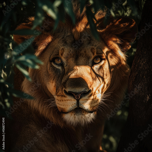 Lion Prowling in the Shadows of an Acacia Tree