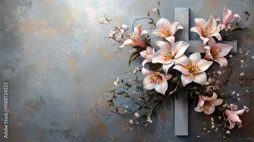 Intricate floral arrangement featuring lilies on a textured background with a cross.