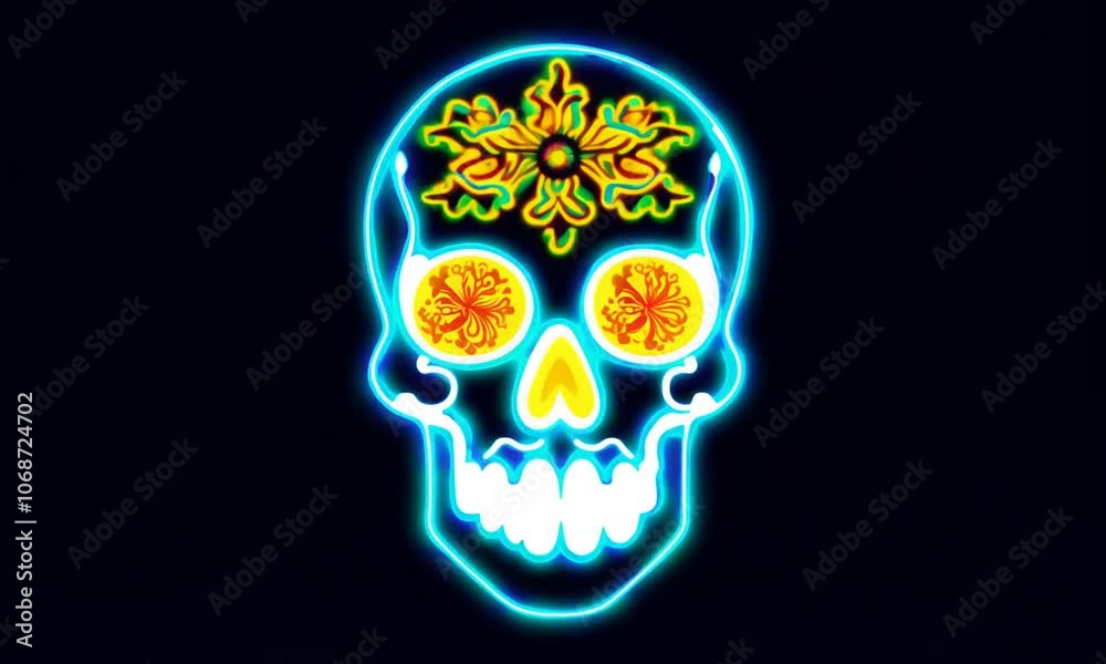Vibrant neon blue and yellow Day of the Dead skull with ornate decorations on a black background Vibrant neon blue and yellow Day of the Dead skull with ornate decorations on a black background