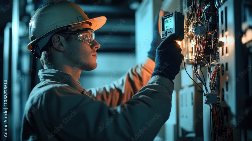 Electrician Inspecting Electrical Panel with Digital Meter Electrician Inspecting Electrical Panel with Digital Meter