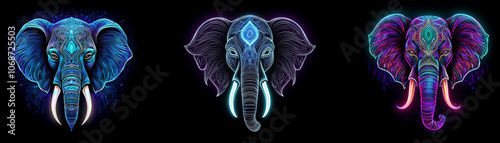 Three elephant heads with ornate details in blue, purple, and teal against a dark background. photo