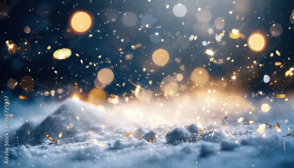 Enchanting winter snowfall with glowing bokeh lights in tranquil night scene. Enchanting winter snowfall with glowing bokeh lights in tranquil night scene.