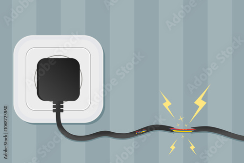 Electricity short circuit. Damaged cable plugged into wall socket. Vector illustration.