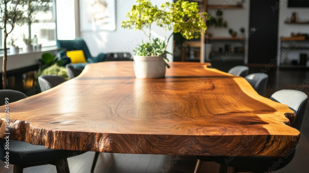 Cozy dining room featuring a live-edge wooden table and minimalist chairs, with natural light enhancing the woods grain
