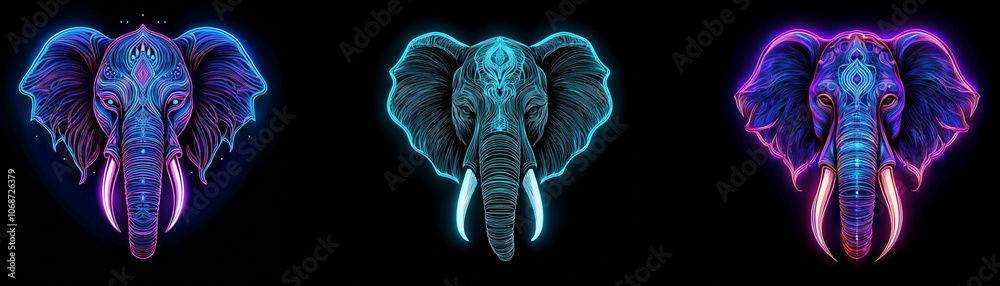 Three neon elephant heads facing forward with glowing blue, cyan, and purple colors against a black background. Three neon elephant heads facing forward with glowing blue, cyan, and purple colors against a black background.