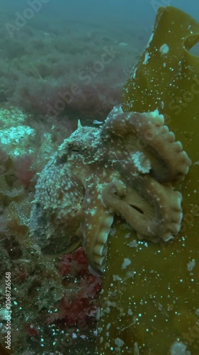 Vertical video, Close up of Octopus sits on the Laminaria, the Northern octopus, Horned octopus or Curled octopus (Eledone cirrhosa) Camera moves around the object, slow motion photo