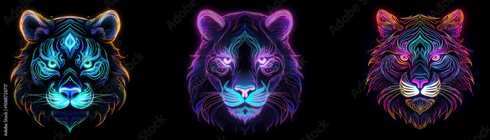 Obraz premium Three tiger faces are shown with neon colors on a black background.