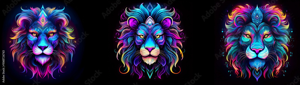 Three vibrant, colorful lion heads with neon glowing manes and ornate details against a black background. Three vibrant, colorful lion heads with neon glowing manes and ornate details against a black background.