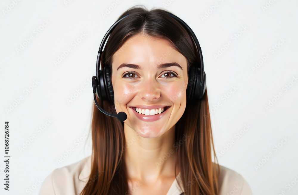 A cheerful woman wearing a headset is assisting customers in a vibrant office environment. A cheerful woman wearing a headset is assisting customers in a vibrant office environment.