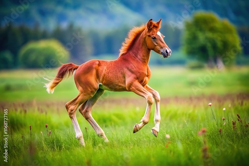 In a tranquil field, a beautiful young red foal gallops freely, highlighting its grace and energy against the vibrant backdrop of natureâ€™s splendor.