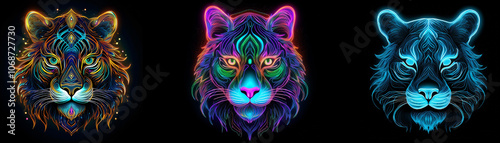 Three glowing tiger heads in different colors against a black background.