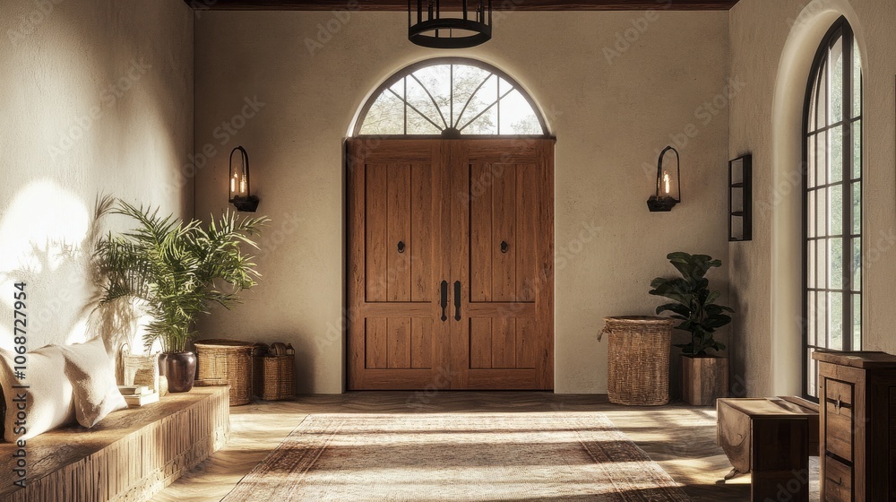 Luxurious entrance hall with timber elements, a rustic wood door, and sophisticated decor, creating a welcoming, farmhouse-inspired space Luxurious entrance hall with timber elements, a rustic wood door, and sophisticated decor, creating a welcoming, farmhouse-inspired space