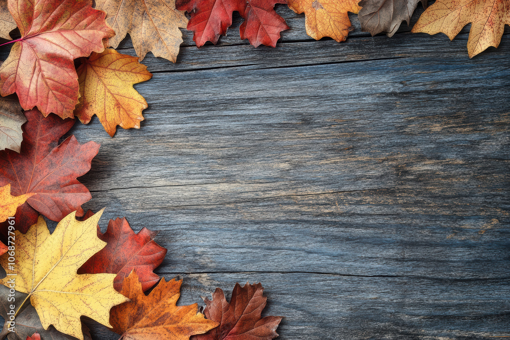 Obraz premium Autumn foliage border on blue wood