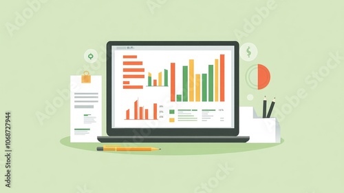 Data Analysis on Laptop Screen with Charts and Graphs