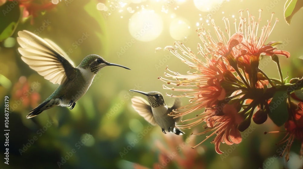 Fototapeta premium Hummingbirds in Flight Near a Flower