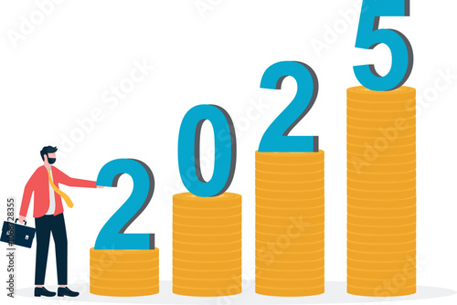 Data column, rising arrow symbol, ladder, white collar, 2025. Economic upswing in 2025.

 photo