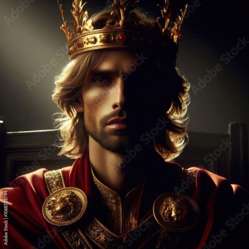 A regal figure in a golden crown and majestic robe seated on a throne, illuminated by dramatic lighting in a dimly lit chamber