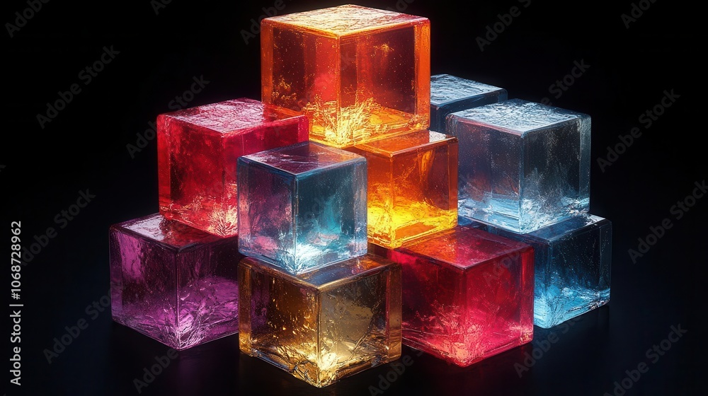 translucent glass cubes refract vibrant light beams, creating a mesmerizing spectrum effect in mid-air, all against a deep black canvas, emphasizing their crystal-like clarity translucent glass cubes refract vibrant light beams, creating a mesmerizing spectrum effect in mid-air, all against a deep black canvas, emphasizing their crystal-like clarity