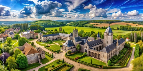 Labbaye de Maillezais, France.  Scenic, sweeping medieval architecture, AI. photo