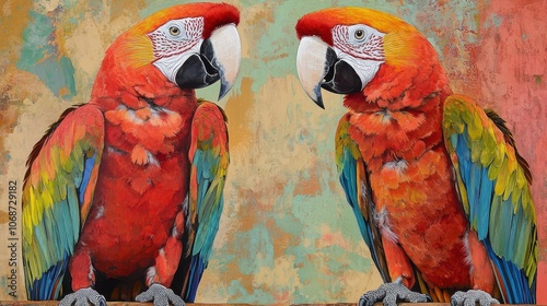 Colorful Parrots Sitting Together in Warm Light photo