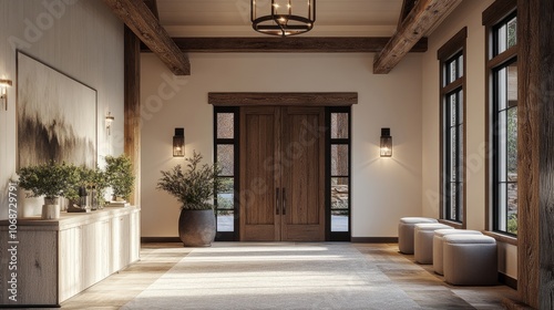 Rustic farmhouse entrance with elegant wood beams, grand wooden door, and subtle lighting, perfect for a modern luxury feel