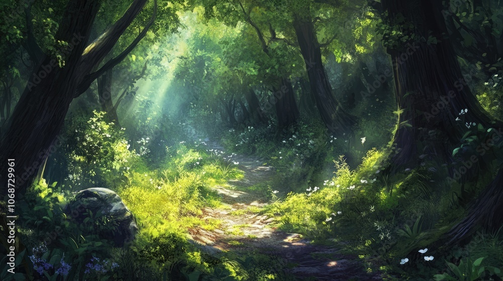 Lush Forest Path with Sunlight Breaking Through Trees Lush Forest Path with Sunlight Breaking Through Trees