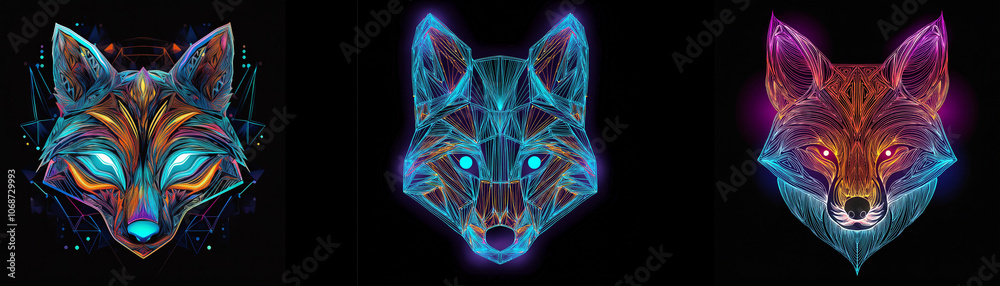 Fototapeta premium Three stylized fox heads with geometric designs and neon colors.