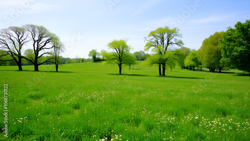 Lush green sprin landscape with meadow and trees in Bourgoyen nature reserve, Ghent, Flanders, Belium photo