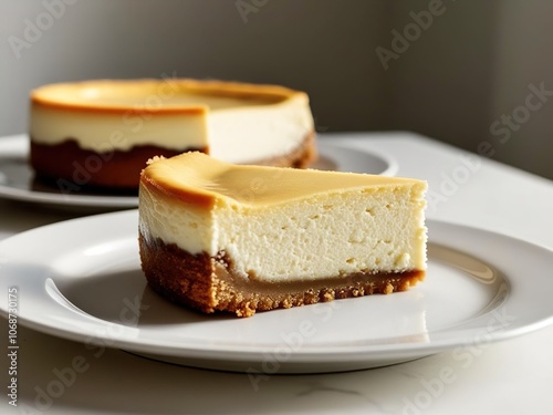 Classic whole cheesecake and piece of cheesecake, on white plates, popular dessert