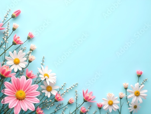 Beautiful floral background. Summer and spring blooming flowers isolated on blue background. Banner for seasonal holidays, easter. Poster,background.