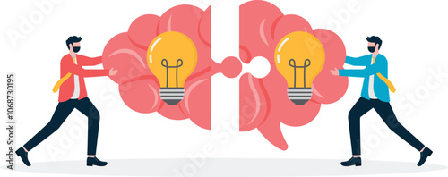 Brain, light bulb, two white-collar workers, jigsaw puzzle.

