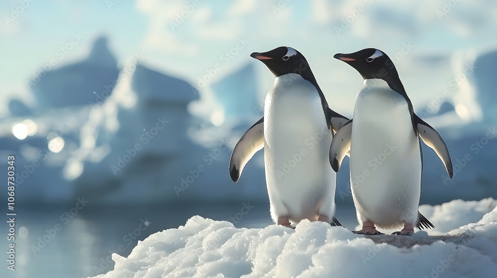 Fototapeta premium Two Penguins Standing on Icy Antarctic Shoreline Gazing at Vast Frozen Landscape