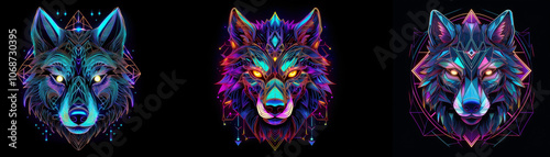 Three wolf heads with geometric patterns and glowing neon colors on a black background.