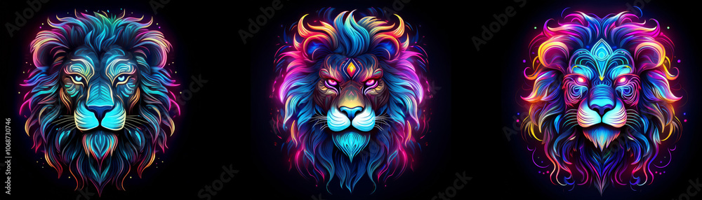 Three lion heads with colorful, glowing manes. Three lion heads with colorful, glowing manes.