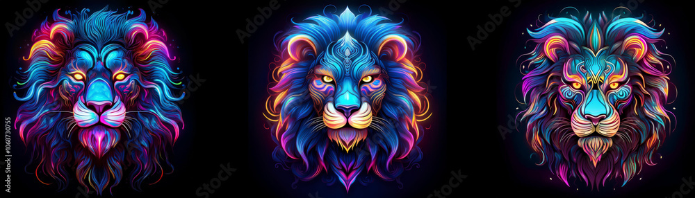 Three colorful lions are depicted against a black background with a neon glow around their manes. Three colorful lions are depicted against a black background with a neon glow around their manes.