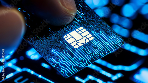 close up of hand holding credit card with microchip, showcasing intricate details against glowing blue keyboard background. image conveys sense of technology and finance