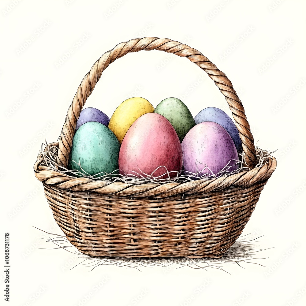 Colorful Easter Eggs in Wicker Basket Illustration
