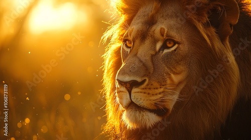 Majestic Lion s Face Glowing in Golden Sunlight with Piercing Amber Eyes photo