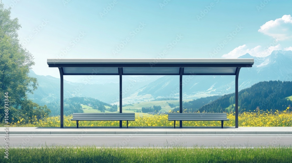 Scenic Bus Stop Amidst Mountain Landscape
