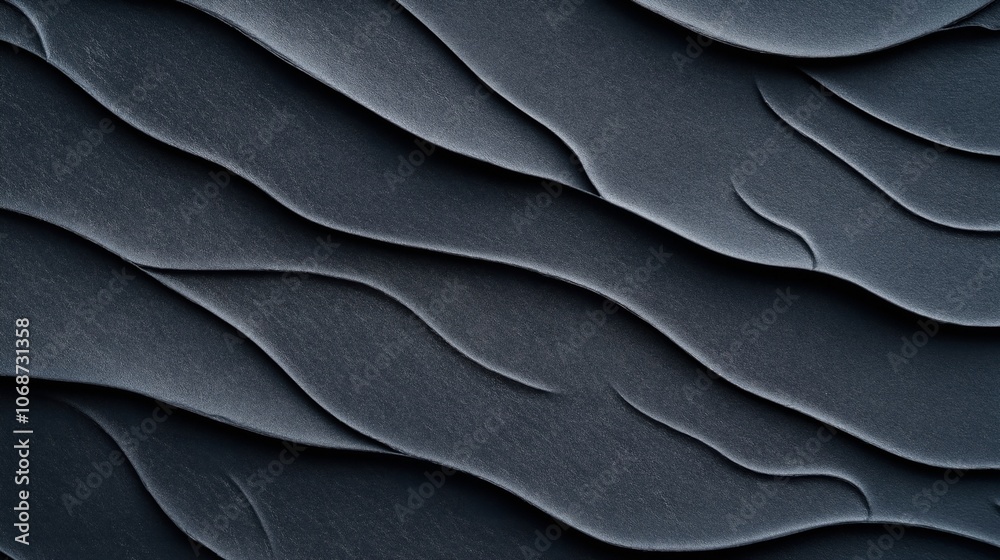 Abstract close-up of textured dark gray sand dunes with smooth wave-like patterns and soft shadows Abstract close-up of textured dark gray sand dunes with smooth wave-like patterns and soft shadows
