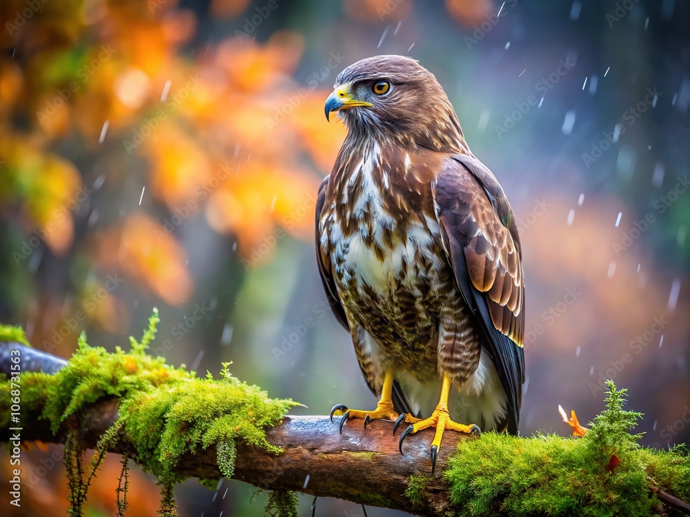 Macro lens captures the winter buzzard's piercing gaze in the dripping woods. Macro lens captures the winter buzzard's piercing gaze in the dripping woods.