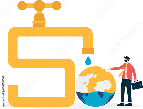 Concept map of faucet, water drop, earth and water saving.

