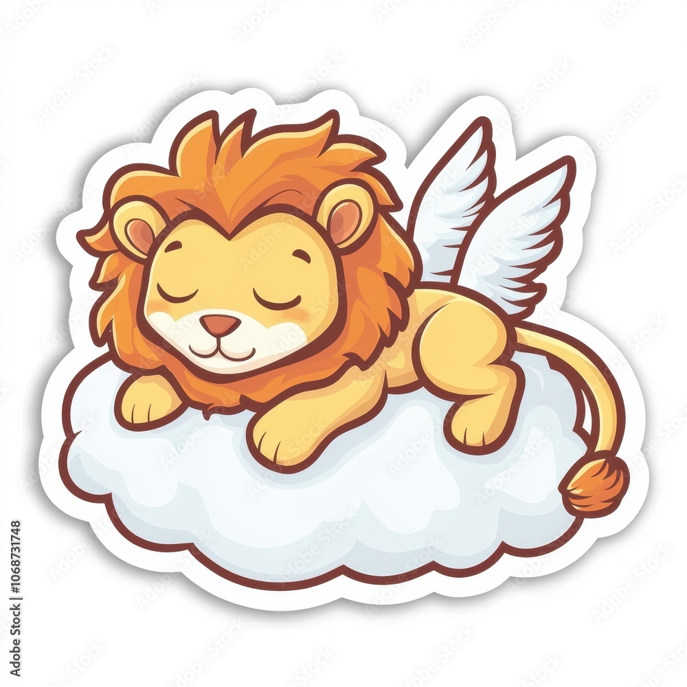 Adorable Sticker of Lion with Wings Sleeping on a Cloud, Perfect for Cute and Dreamy Concepts, Isolated on White Background Adorable Sticker of Lion with Wings Sleeping on a Cloud, Perfect for Cute and Dreamy Concepts, Isolated on White Background